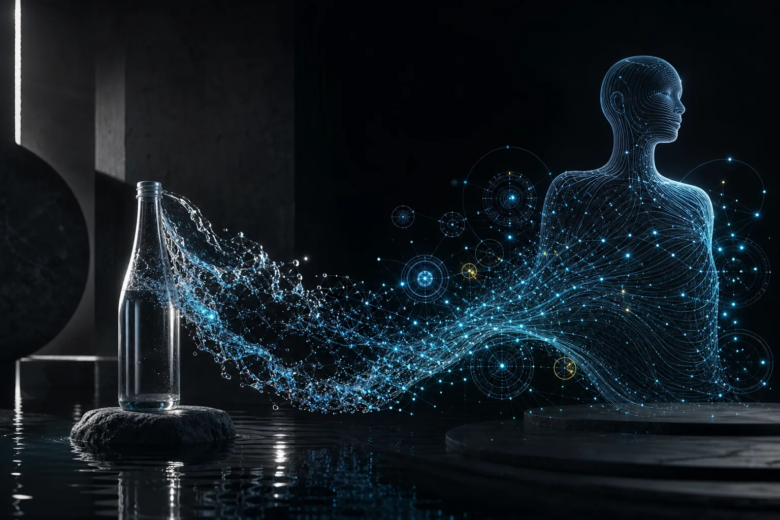 A premium water bottle and flowing water transforming into a calm abstract Digital Twin