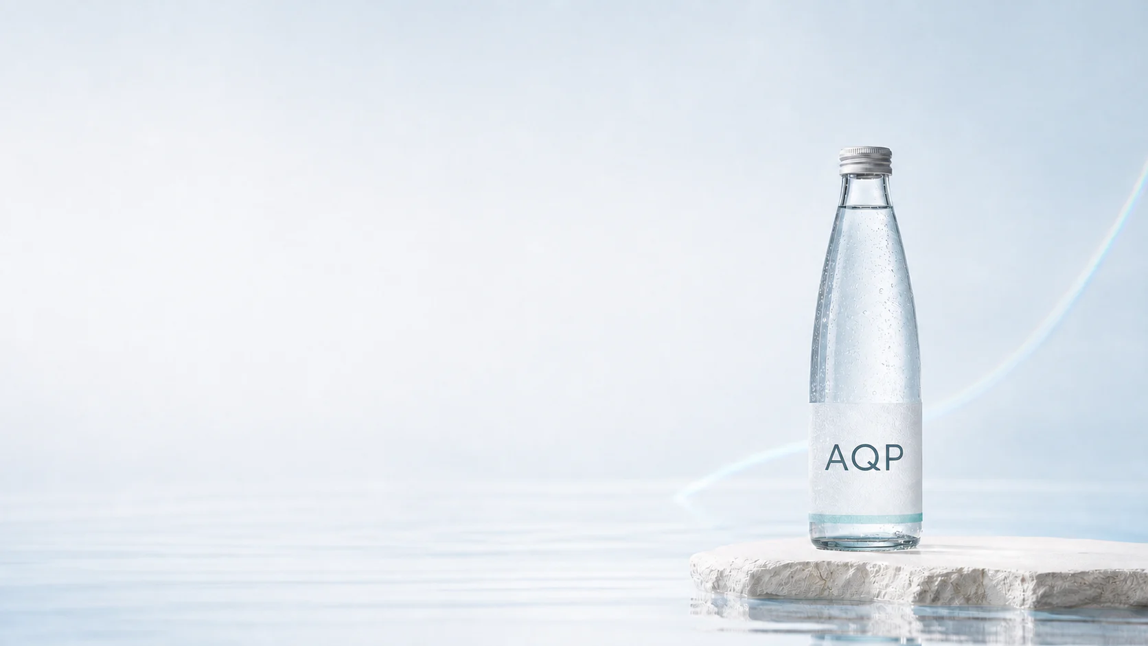 A premium water bottle with an AQP label on a mineral plinth with restrained blue light refraction